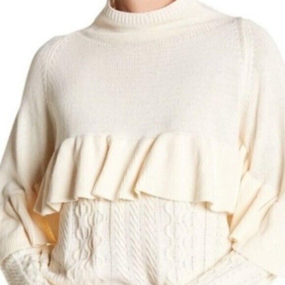 Project Naadam Mock Neck Ruffle Cable Knit  Medium Sweater